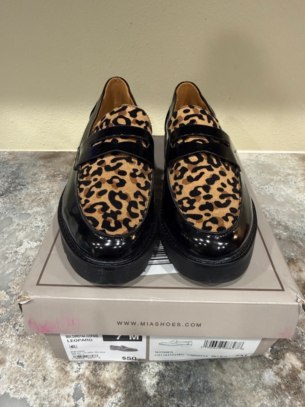 MIA Black Patent & Leopard Print Penny Loafers